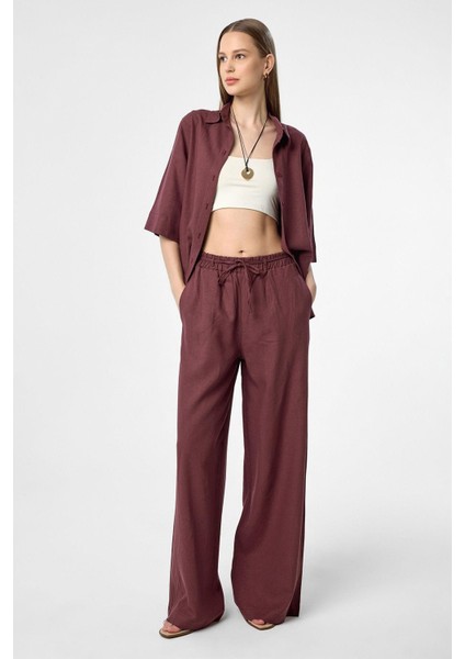 Bordo Keten Karışımlı Kadın Pantolon modelleri