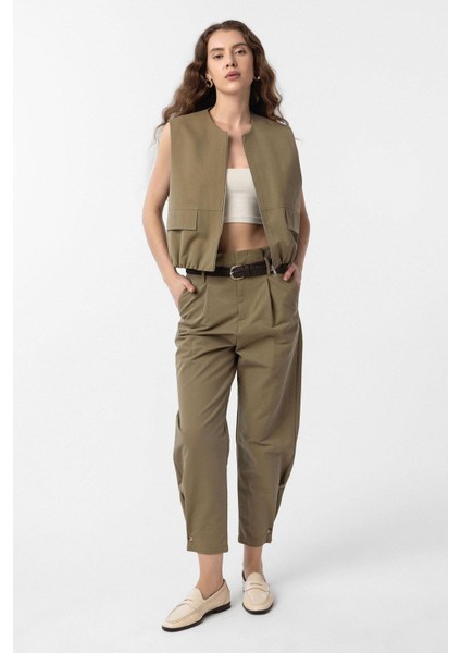 Haki Yüksek Bel Paçası Düğmeli Fit Kadın Pantolon