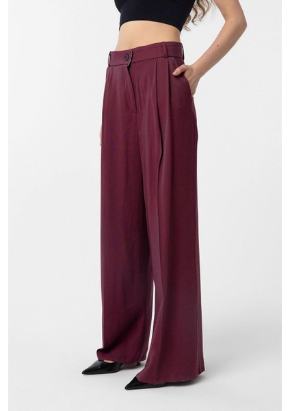 Bordo Çift Pilili Kadın Pantolon