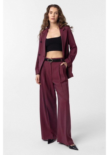 Bordo Çift Pilili Kadın Pantolon