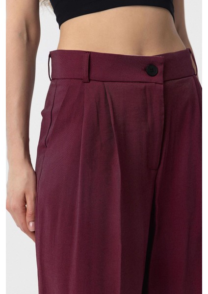 Bordo Çift Pilili Kadın Pantolon