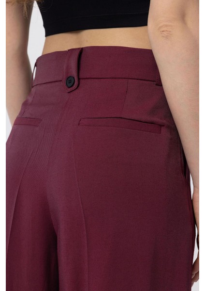 Bordo Çift Pilili Kadın Pantolon