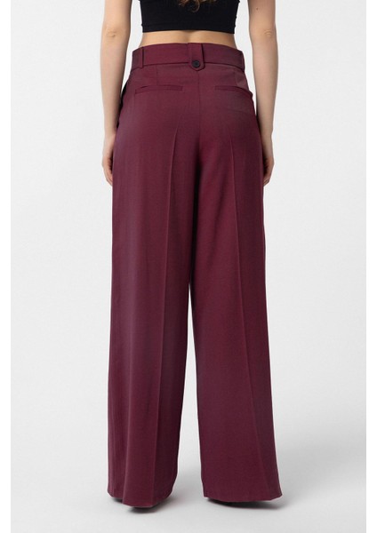 Bordo Çift Pilili Kadın Pantolon