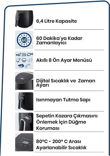 Yüksek Güçlü 6,4l Geniş Xxl Dokunmatik Yağsız Hava Fritözü Siyah