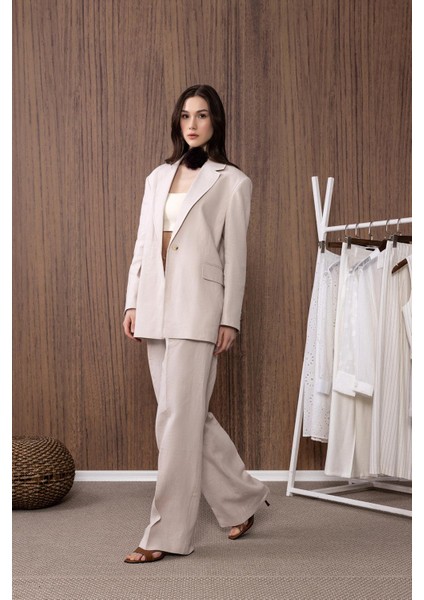 Bej 100% Keten Yüksek Bel Pilili Kadın Pantolon