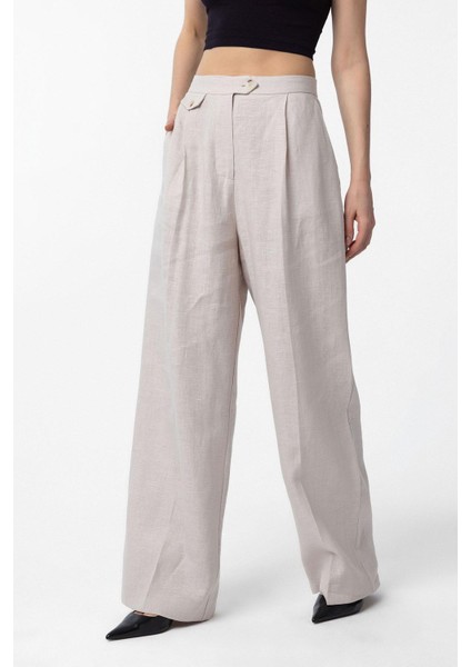 Bej 100% Keten Yüksek Bel Pilili Kadın Pantolon