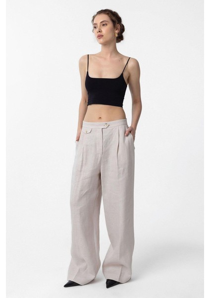 Bej 100% Keten Yüksek Bel Pilili Kadın Pantolon