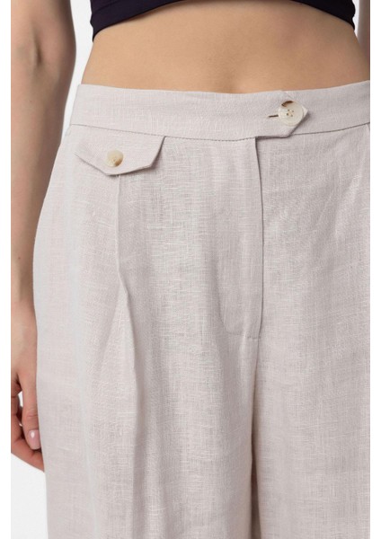 Bej 100% Keten Yüksek Bel Pilili Kadın Pantolon