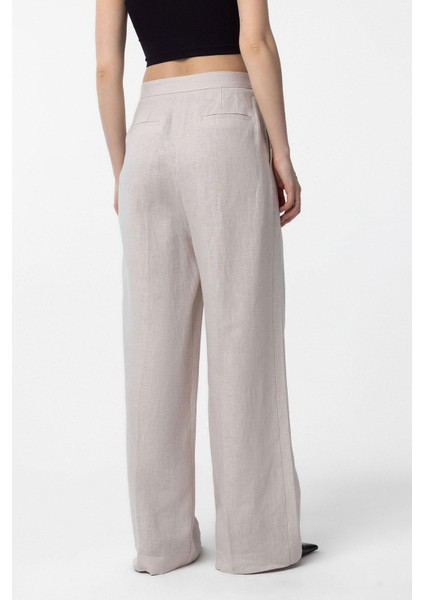 Bej 100% Keten Yüksek Bel Pilili Kadın Pantolon