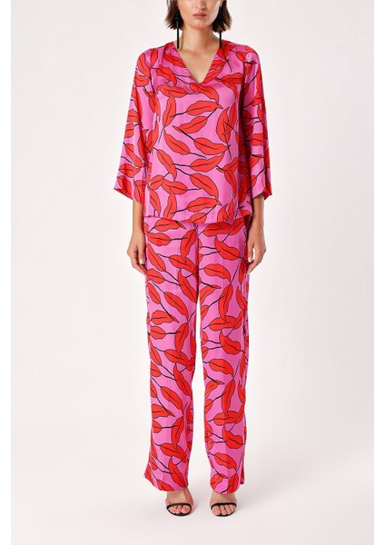 Desenli V Yaka Saten Bluz 19828