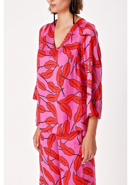 Desenli V Yaka Saten Bluz 19828 fiyatları