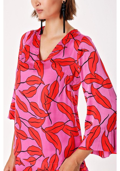 Desenli V Yaka Saten Bluz 19828 modelleri