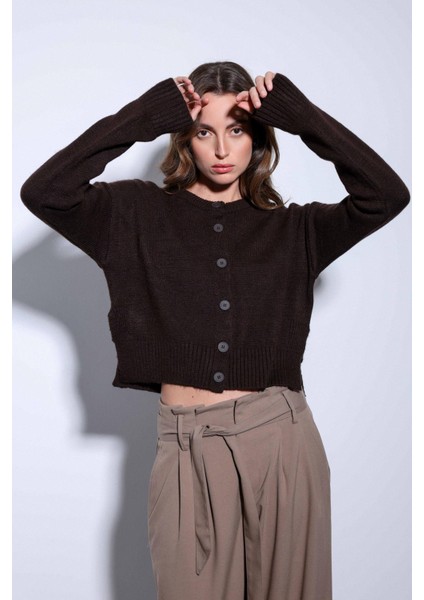 Kahve Yırtmaçlı Örgü Triko Kadın Kazak