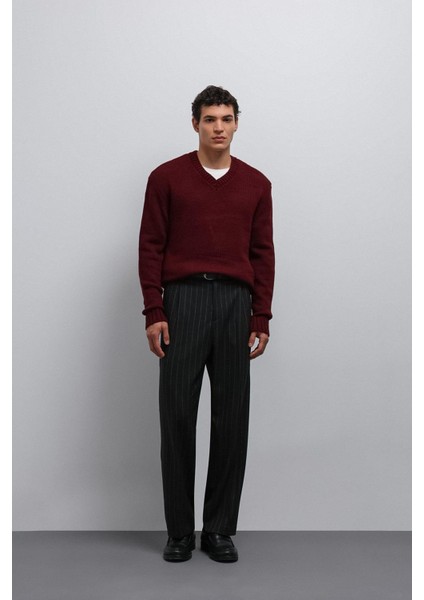 Bordo Dokulu V Yaka Erkek Kazak fırsatları