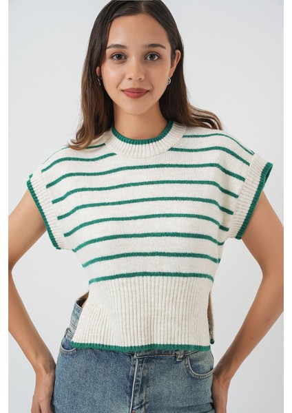 Kadın BDART Kalın Çizgili Ribana Örgü Kazak Yelek Green