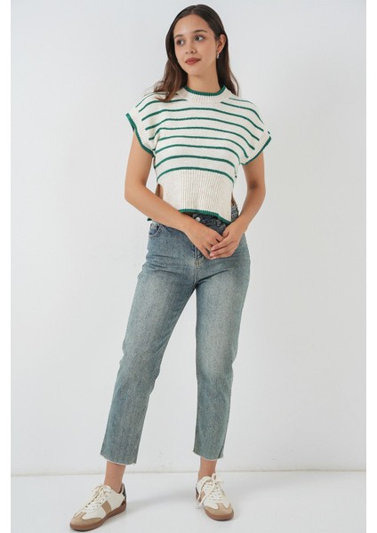 Kadın BDART Kalın Çizgili Ribana Örgü Kazak Yelek Green fiyatları