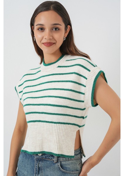 Kadın BDART Kalın Çizgili Ribana Örgü Kazak Yelek Green modelleri