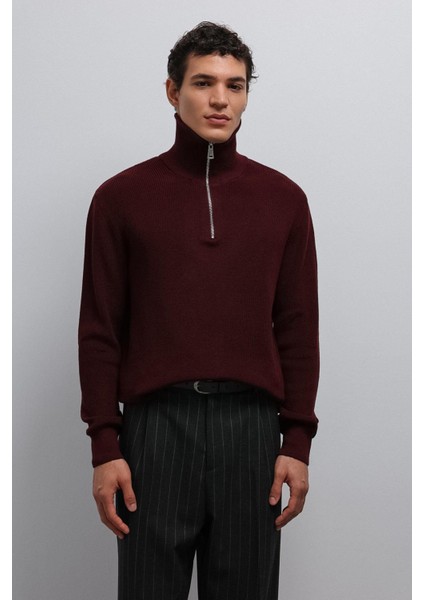 Bordo Fermuarlı Triko Erkek Kazak