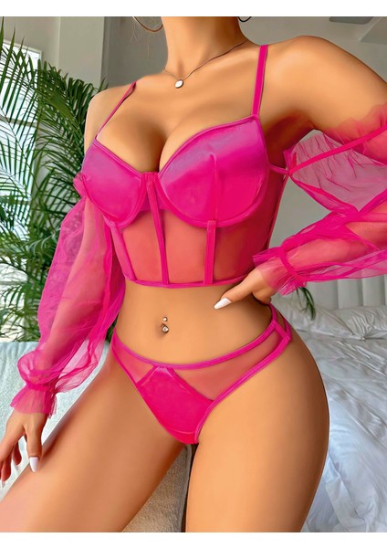 Pembe Kolları Tül Detaylı .jartiyer Fantezi Takım 2020