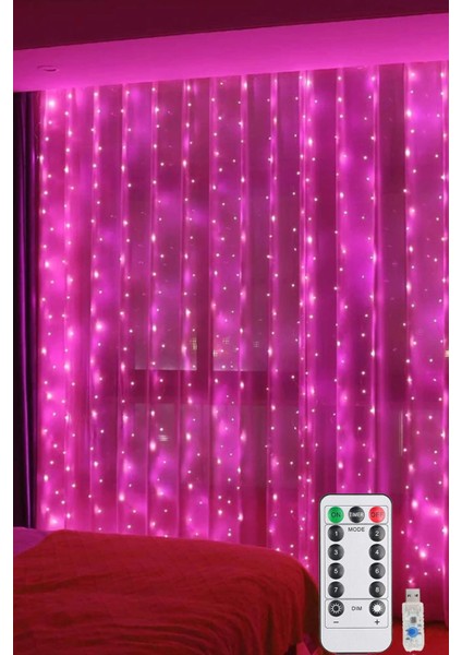 Pembe Perde LED 3x3 Metre USB Kumandalı 8 Mod Animasyonlu Peri LED Işık