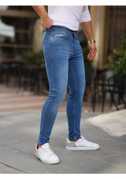 Erkek Jeans Slim Likralı Denim Mavi Kot Pantolon