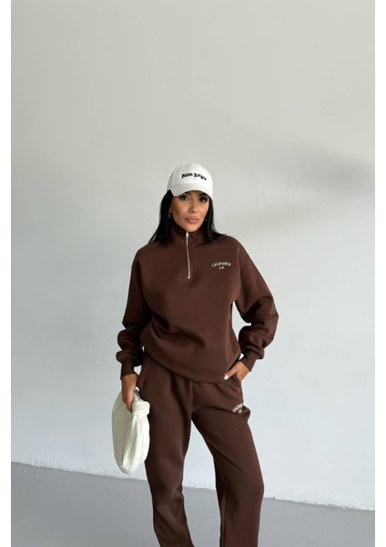 Kadın Yaka Fermuarlı Nakışlı 3 Iplik Oversize Eşofman Takımı NBG117