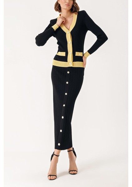 Siyah Bej Düğme Detaylı Hırka ve Etekli Takım 28850