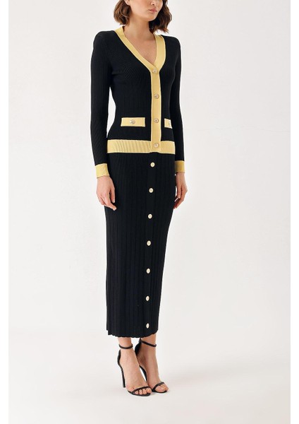 Siyah Bej Düğme Detaylı Hırka ve Etekli Takım 28850 modelleri