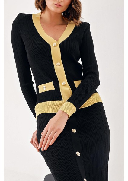 Siyah Bej Düğme Detaylı Hırka ve Etekli Takım 28850 indirimleri