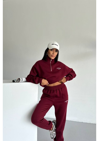 Kadın Yaka Fermuarlı Nakışlı 3 Iplik Oversize Eşofman Takımı NBG117