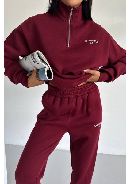 Kadın Yaka Fermuarlı Nakışlı 3 Iplik Oversize Eşofman Takımı NBG117 modelleri
