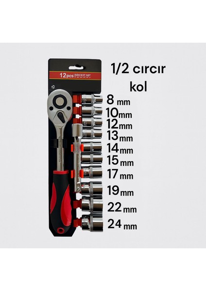 Lokma Takımı 1/2 12 Parça Profesyonel Kalite Çelik Malzeme Anahtar Seti Uzun Ömürlü Kullanım