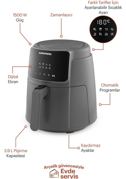 Koyu Gri, 3,9 Litre, 1500 Watt Hava Kızartma Makinesi modelleri