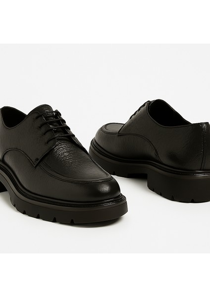 GR0396 Hakiki Floter Deri Italyan Tarz Siyah Yüksek Kalın Taban Spor Klasik Ayakkabı