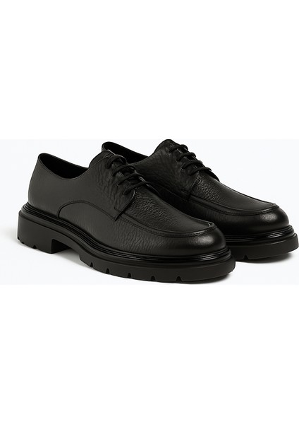 GR0396 Hakiki Floter Deri Italyan Tarz Siyah Yüksek Kalın Taban Spor Klasik Ayakkabı