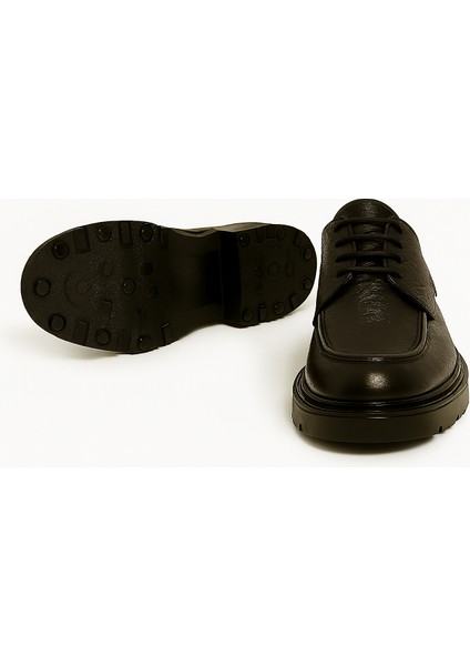 GR0396 Hakiki Floter Deri Italyan Tarz Siyah Yüksek Kalın Taban Spor Klasik Ayakkabı