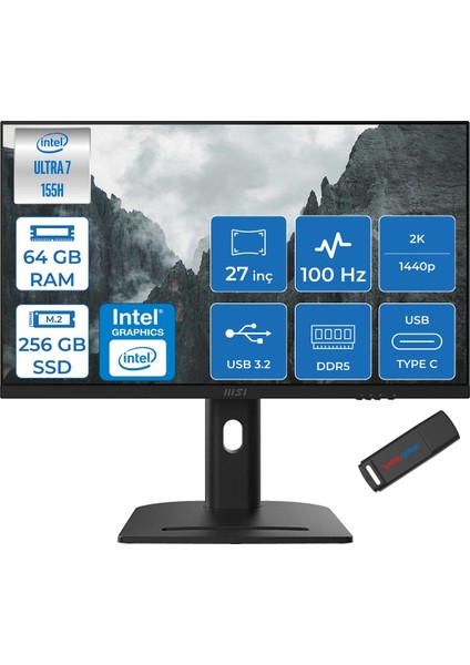 Msı Modern AM273QP Aı 1UM-241XTR Intel Core Ultra 7-155H 64GB Ddr5 256GB SSD Intel® Arc™ Graphics 100Hz 27 Inç 2k Wqhd 2560X1440 IPS Freedos Siyah Allinone BILG.241XTRF16+ZETTAUSBBELLEK