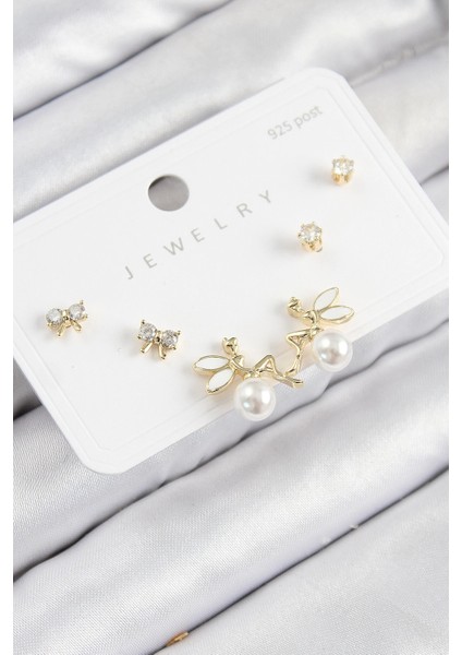 Bfs Pirinç Zirkon Taşlı Inci Melek Model Gold Renk 925 Ayar Gümüş Çivi Kadın Küpe Set