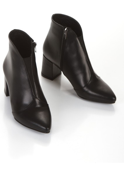 Hakiki Deri Kalın Topuklu Tay Tüyü Astarlı Önü Lastikli Kadın Bot