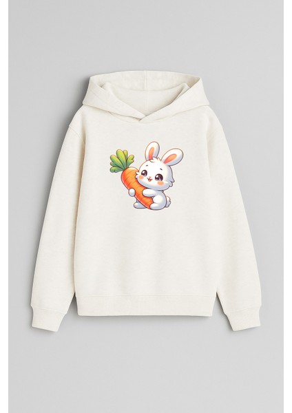 Sevimli Tavşan Baskılı Ekru Kız Erkek Çocuk Kapüşonlu Sweatshirt