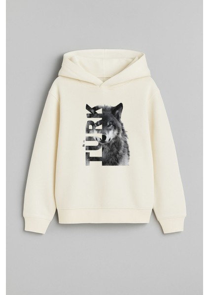 Türk Bozkurt Kurt Baskılı Kadın Erkek Çocuk Ekru Kapüşonlu Sweatshirt Hoodie