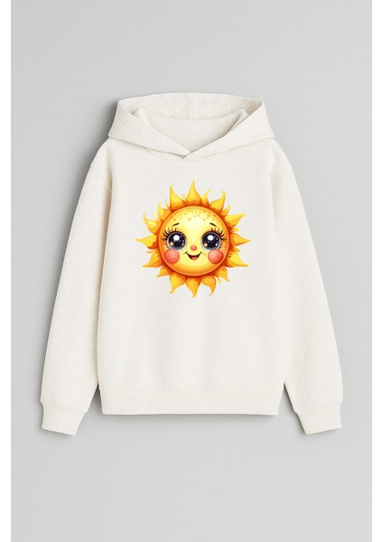 Güneş Baskılı Ekru Kız Erkek Çocuk Kapüşonlu Sweatshirt