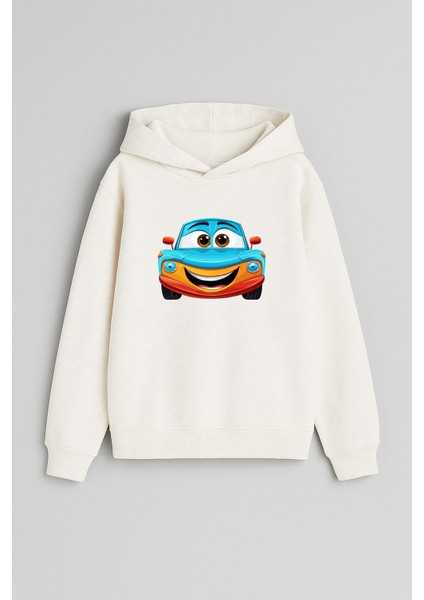 Mavi Araba Baskılı Ekru Kız Erkek Çocuk Kapüşonlu Sweatshirt