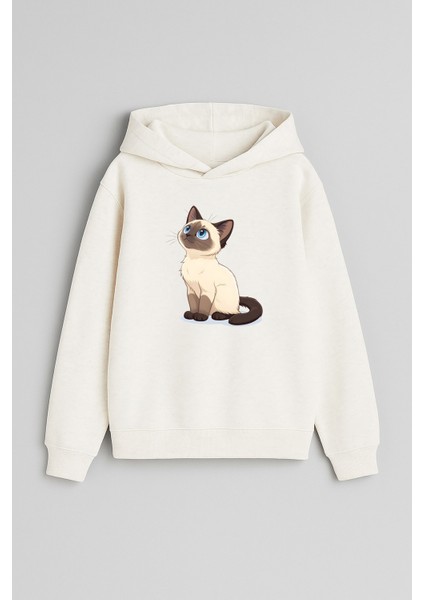 Siyam Kedi Baskılı Ekru Kız Erkek Çocuk Kapüşonlu Sweatshirt