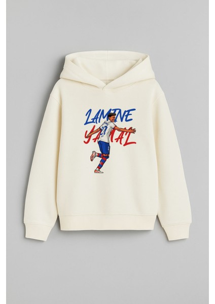 Futbolcu Lamine Yamal Baskılı Erkek Çocuk Ekru Kapüşonlu Sweatshirt Hoodie