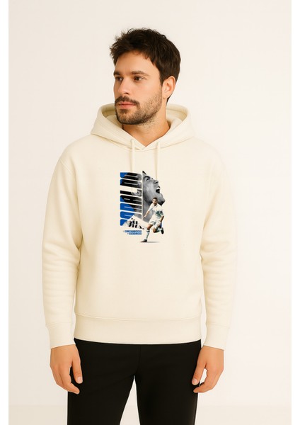 Futbolcu Ronaldo Baskılı Erkek Ekru Kapüşonlu Sweatshirt Hoodie