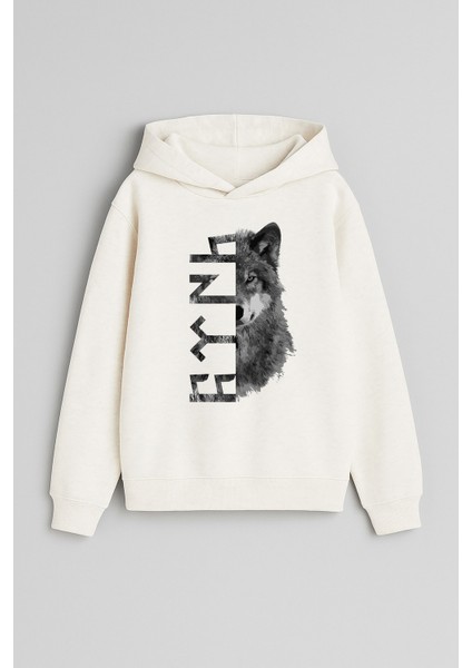 Türk Bozkurt Kurt Baskılı Ekru Kız Erkek Çocuk Kapüşonlu Sweatshirt