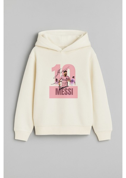 Futbolcu Lionel Messi Baskılı Erkek Çocuk Ekru Kapüşonlu Sweatshirt Hoodie