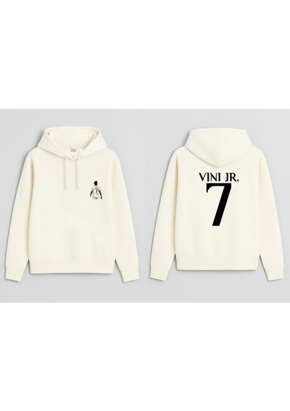 Futbolcu Vinicius Junior Baskılı Erkek Çocuk Ekru Kapüşonlu Sweatshirt Hoodie