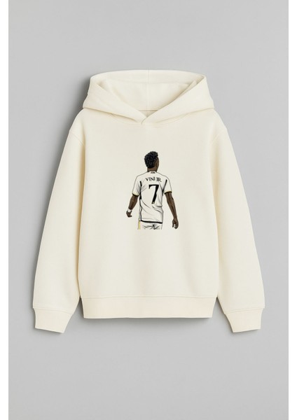 Futbolcu Vinícius Júnior Baskılı Erkek Çocuk Ekru Kapüşonlu Sweatshirt Hoodie